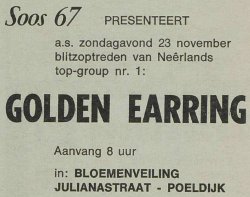 Golden Earring newspaper show announcement November 23, 1969 Poeldijk - Bloemenveiling